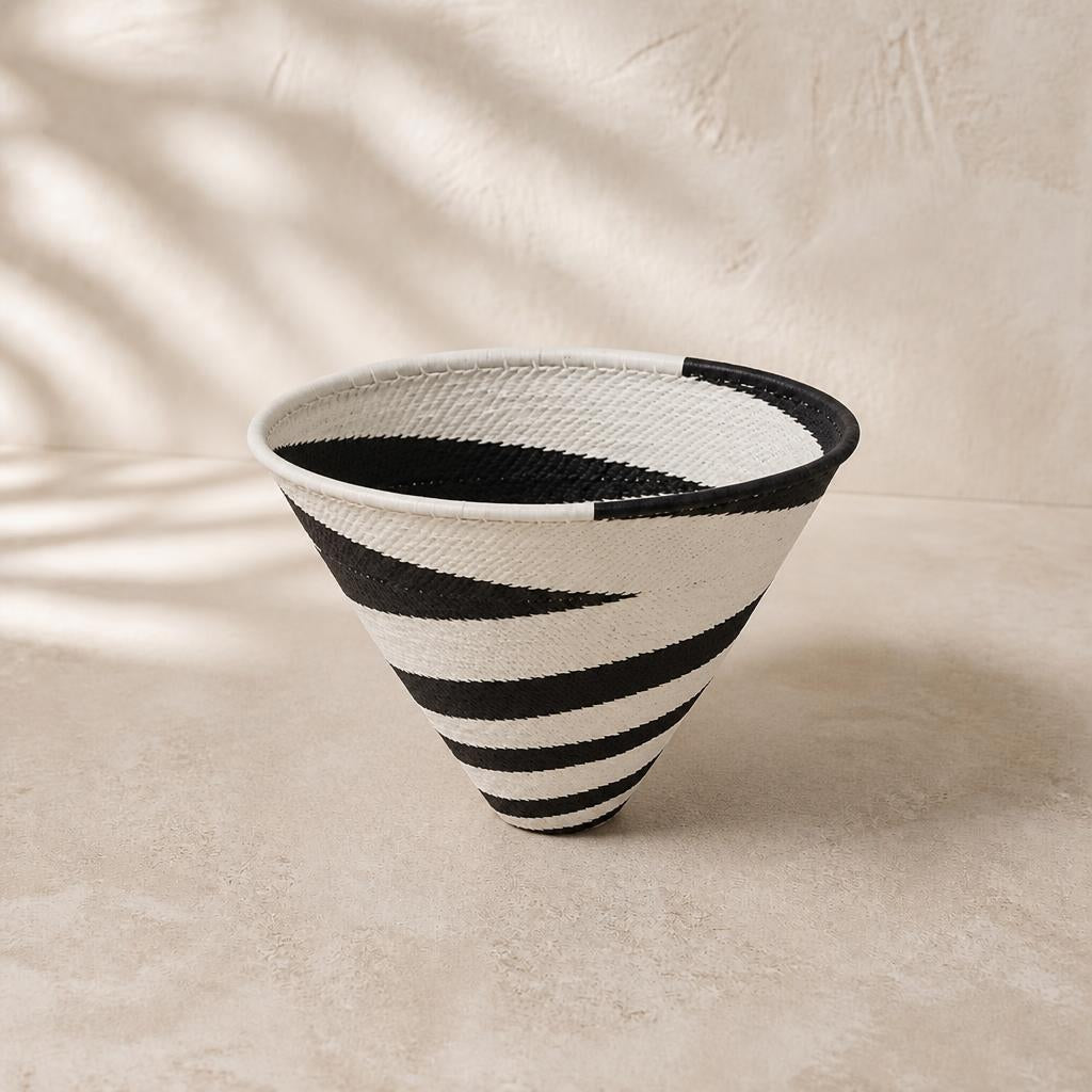 Ebony & White Woven Wire Cone Basket, Large, studio view