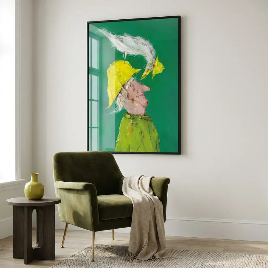 Whimsical Man with Bird Art Print in a room setting