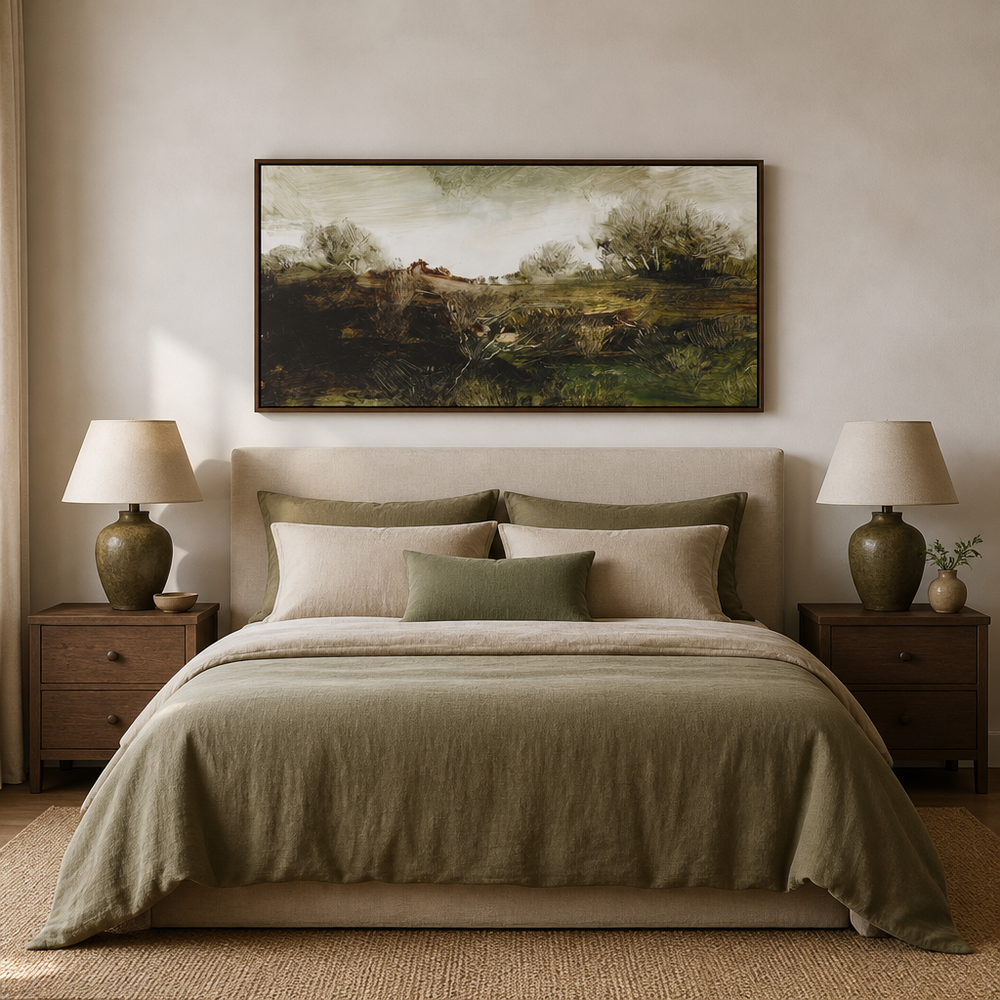 Exploring Hound Tor Large Canvas Art above a king bed