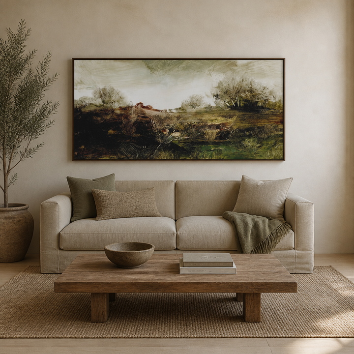 Exploring Hound Tor Large Canvas Art above a living-room couch