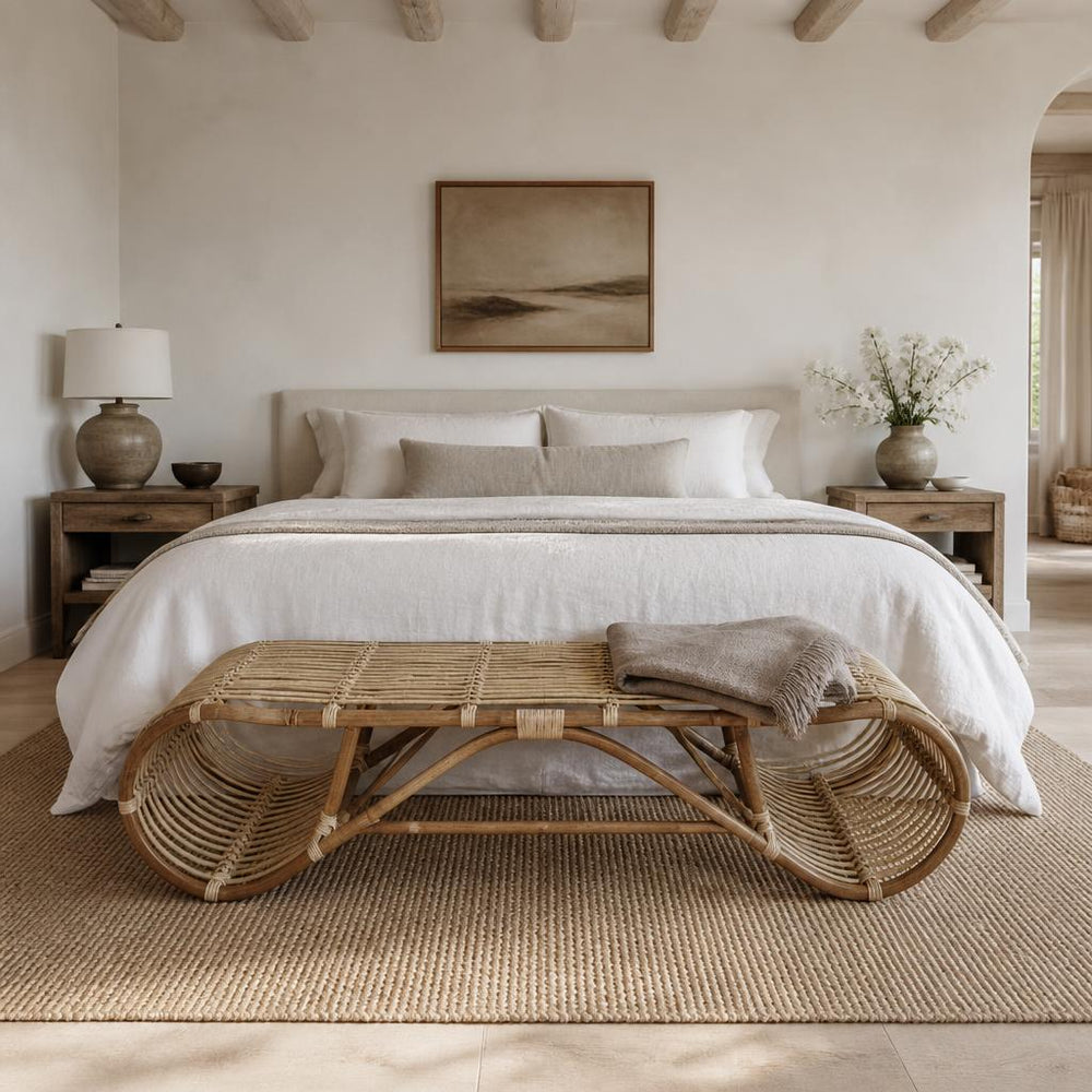 Rattan S-Bench styled in a room