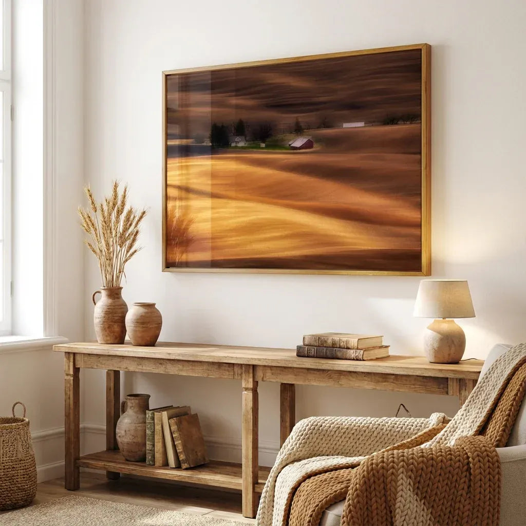 Farmhouse Amidst Waves Photo Print shown in a styled room