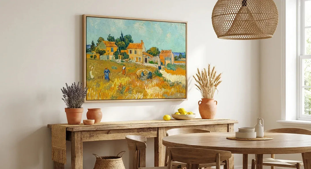 Room mockup featuring Farmhouse in Provence by Vincent van Gogh Art Print