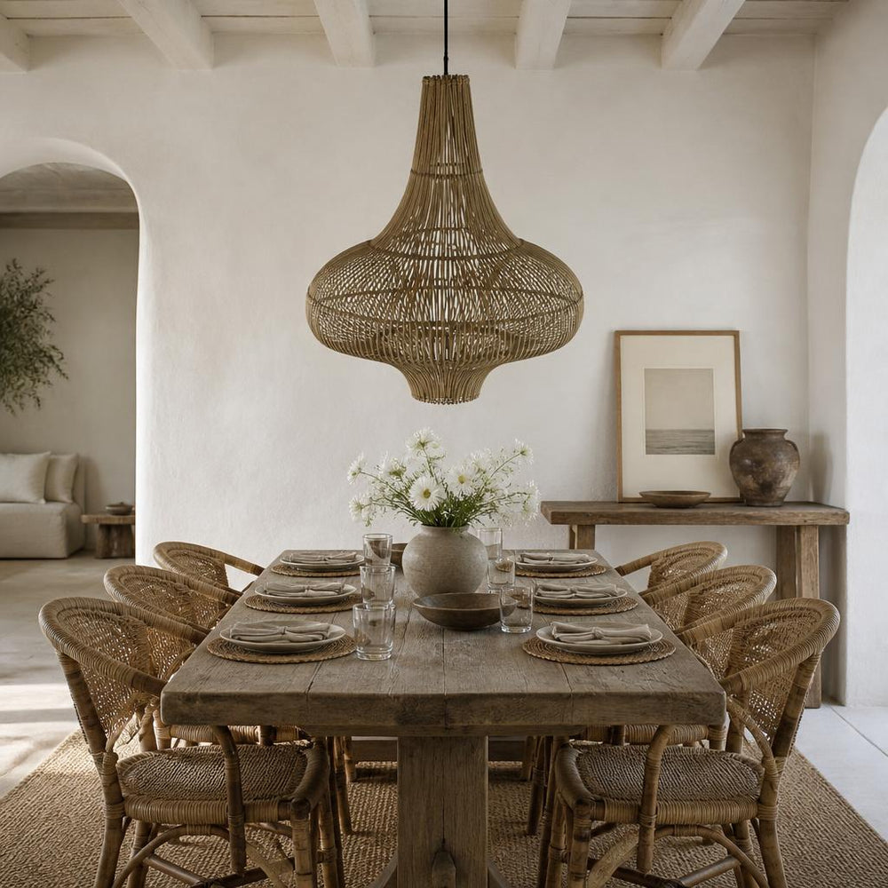 Double Gong Rattan Pendant Light styled in a room