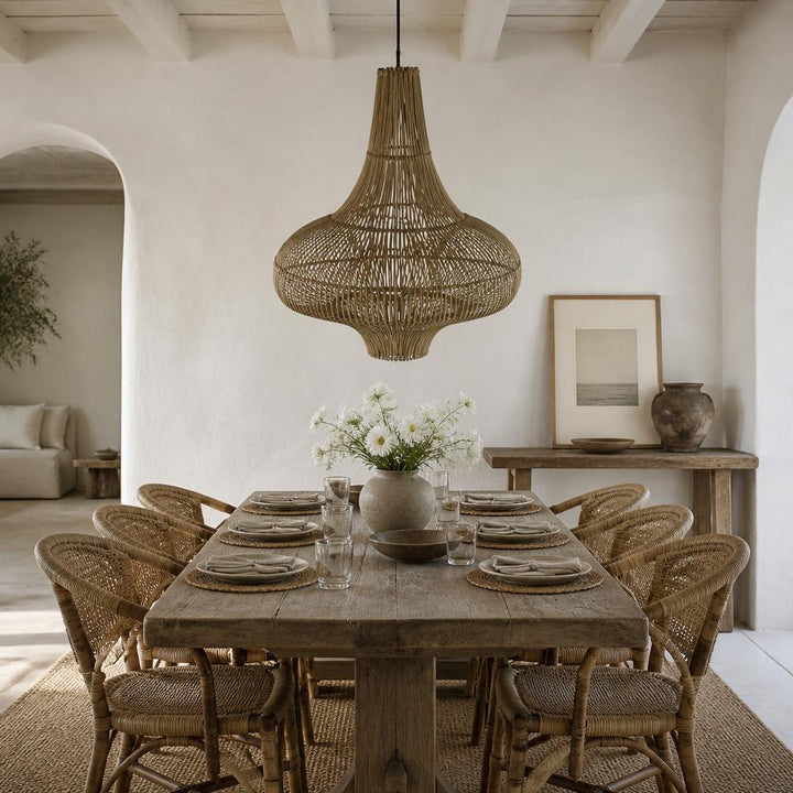 Double Gong Rattan Pendant Light styled in a room