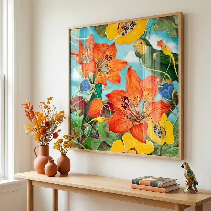 Floral Parrot Harmony Art Print in a room setting