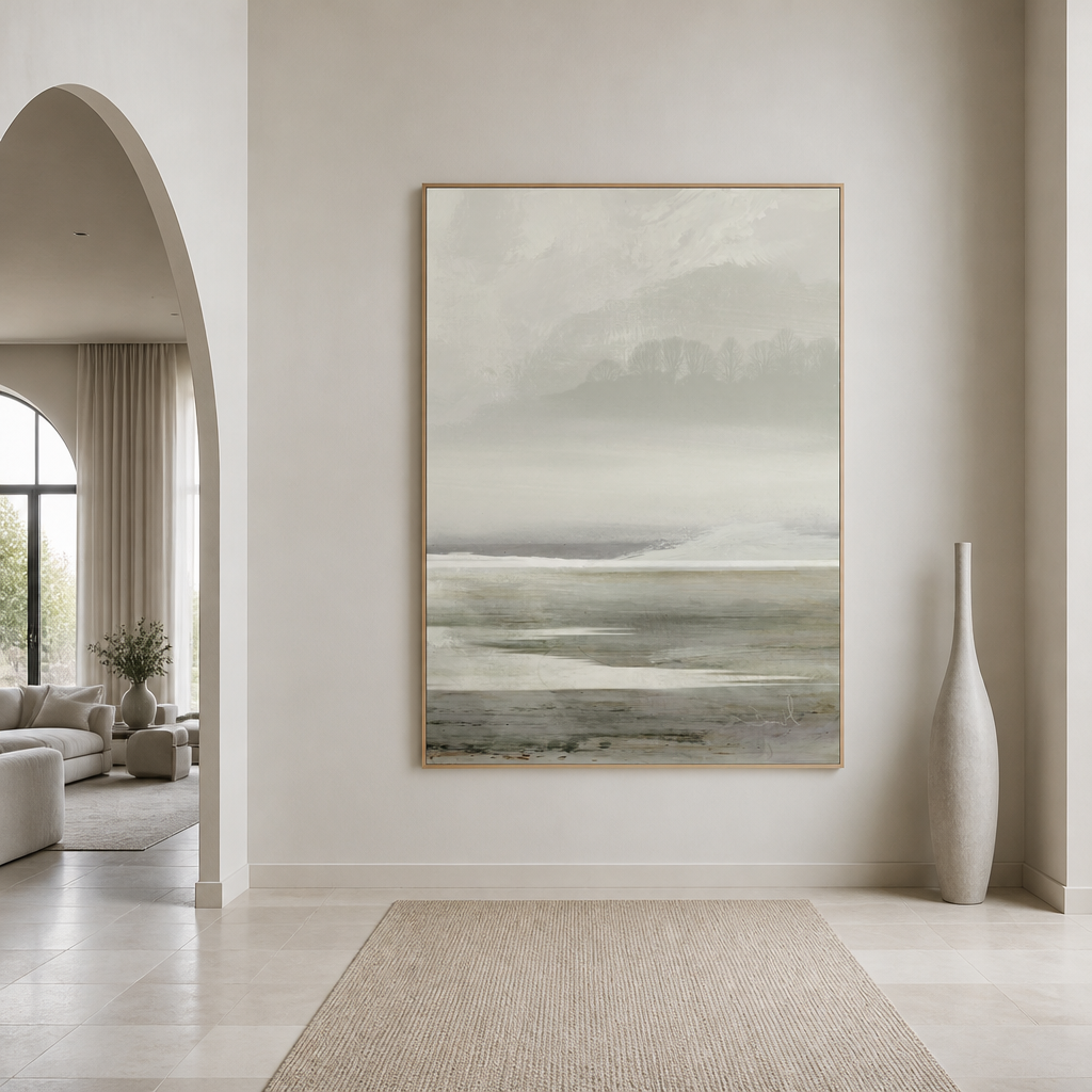 Foggy Lakeside Tranquility Large Canvas Art on a grand entrance-hall wall