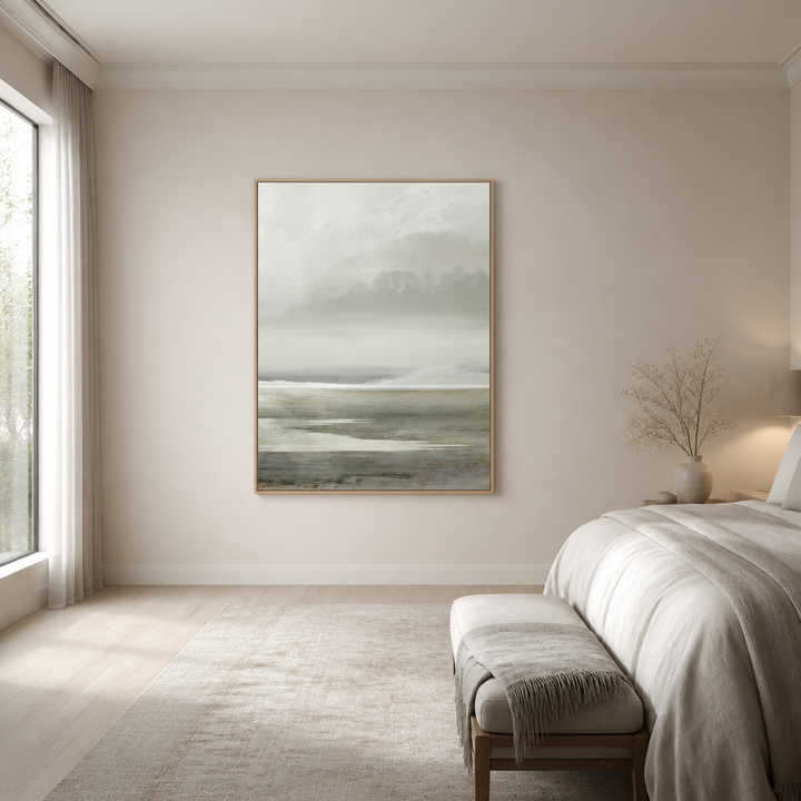 Foggy Lakeside Tranquility Large Canvas Art on a large bedroom wall