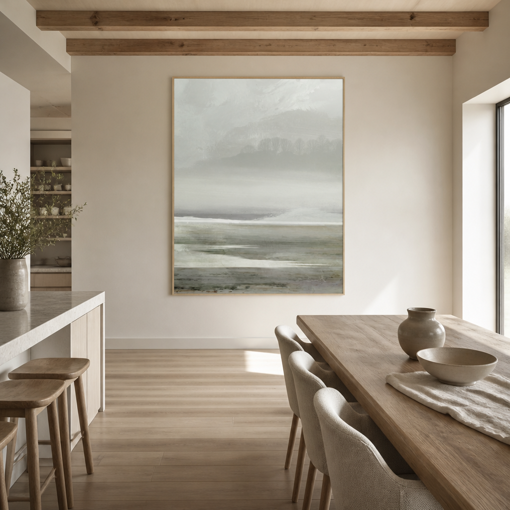 Foggy Lakeside Tranquility Large Canvas Art on a kitchen and dining wall