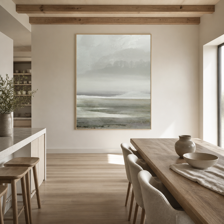 Foggy Lakeside Tranquility Large Canvas Art on a kitchen and dining wall