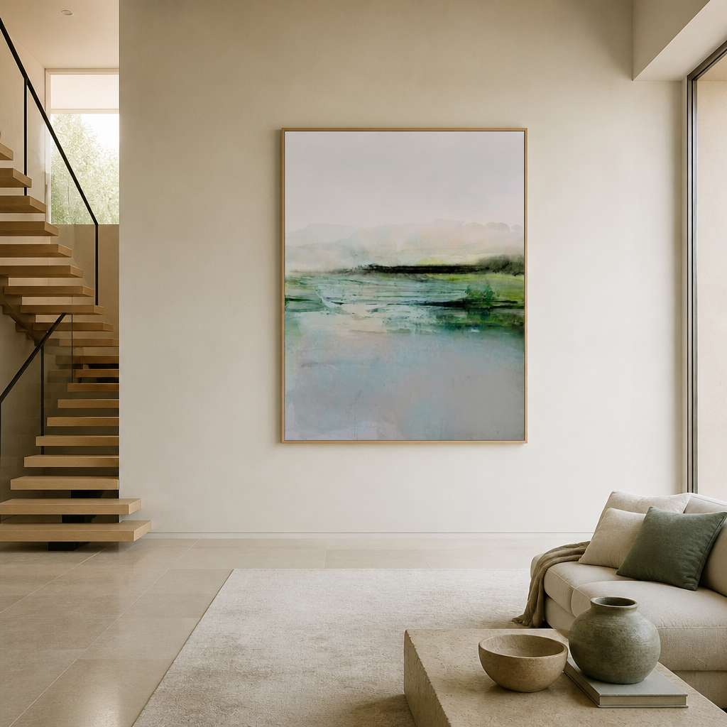 Fresca 2 Abstract Large Canvas Art on the wall beside a staircase
