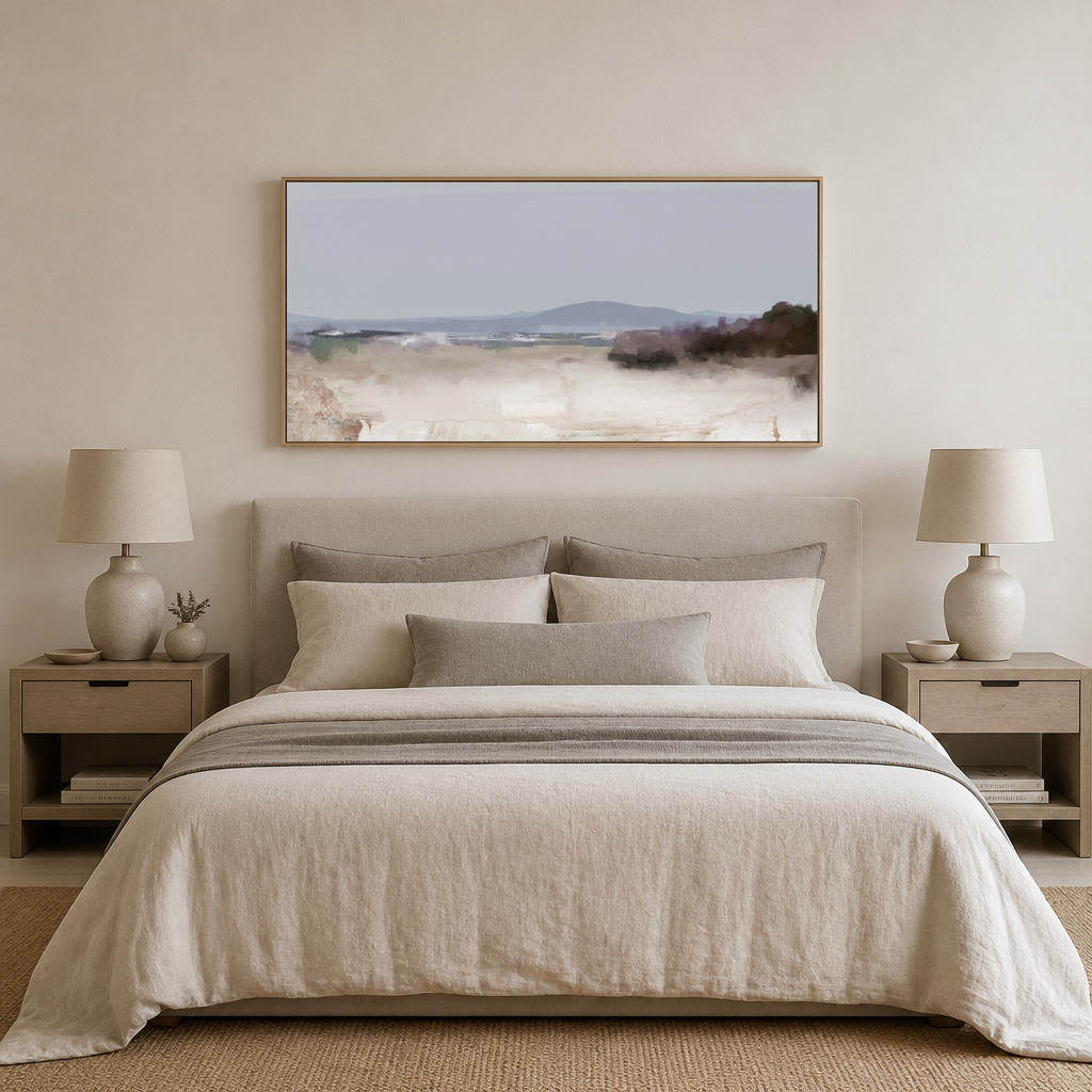Garden Route Infusion Large Canvas Art above a king bed