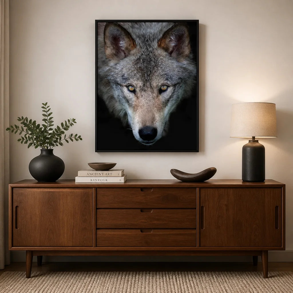 Room mockup featuring Golden Gaze Timber Wolf Photo Print
