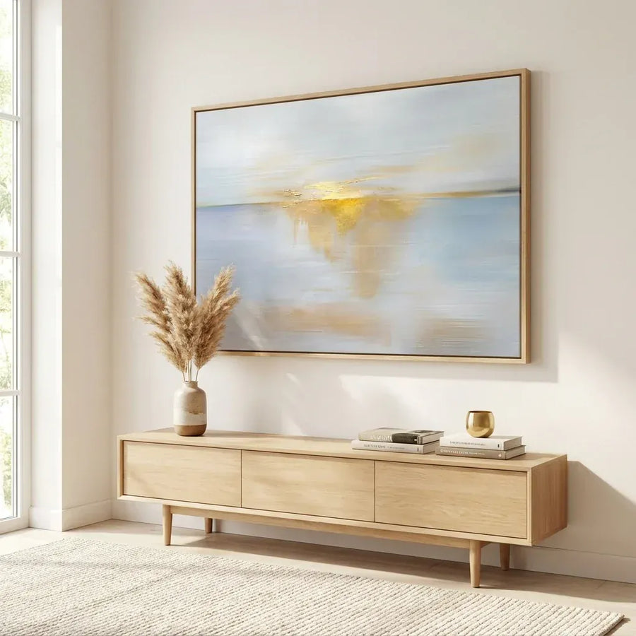 Golden Horizon Golden Light Reflected In Water Art Print in a room setting