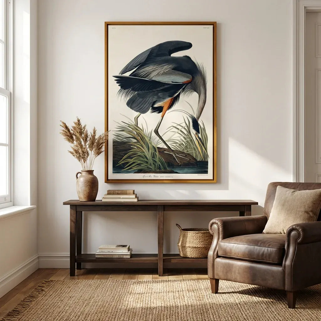 Great Blue Heron by John James Audubon Art Print shown in a styled room