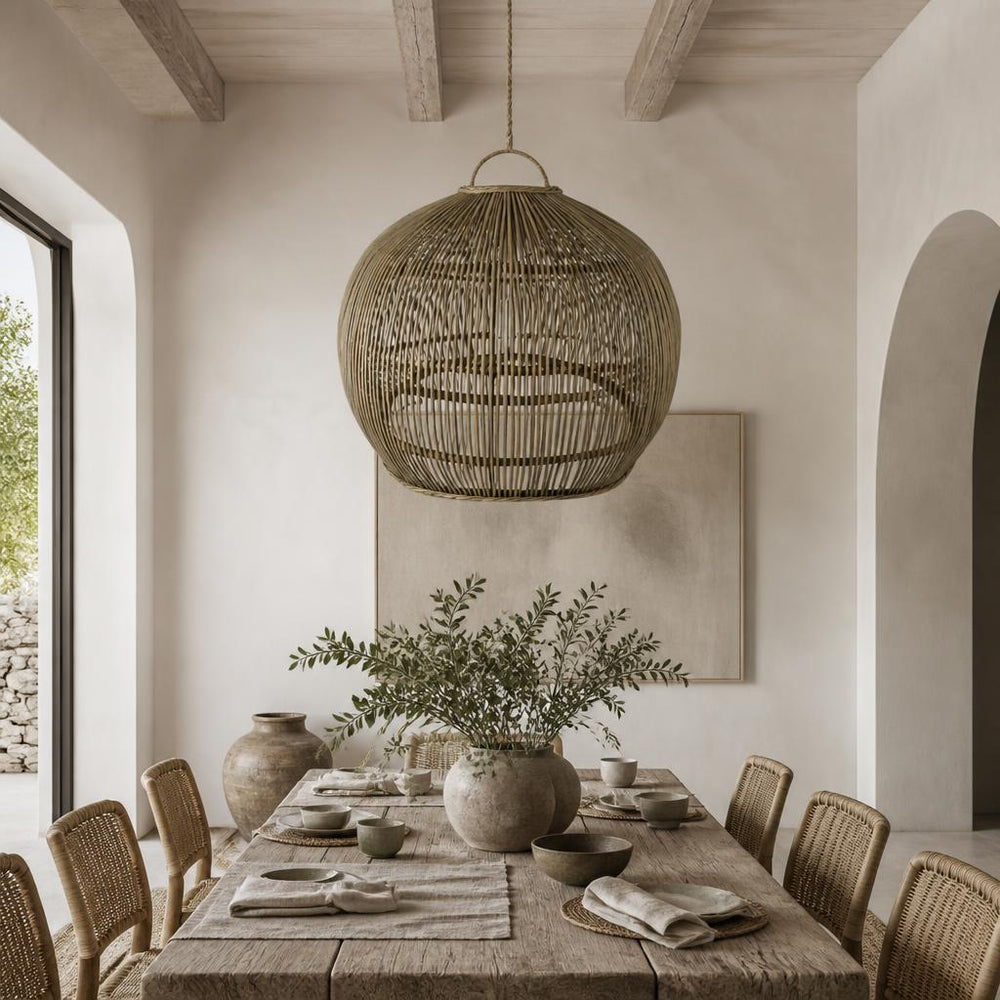 Weathered Rattan Ball Pendant Light styled in a room