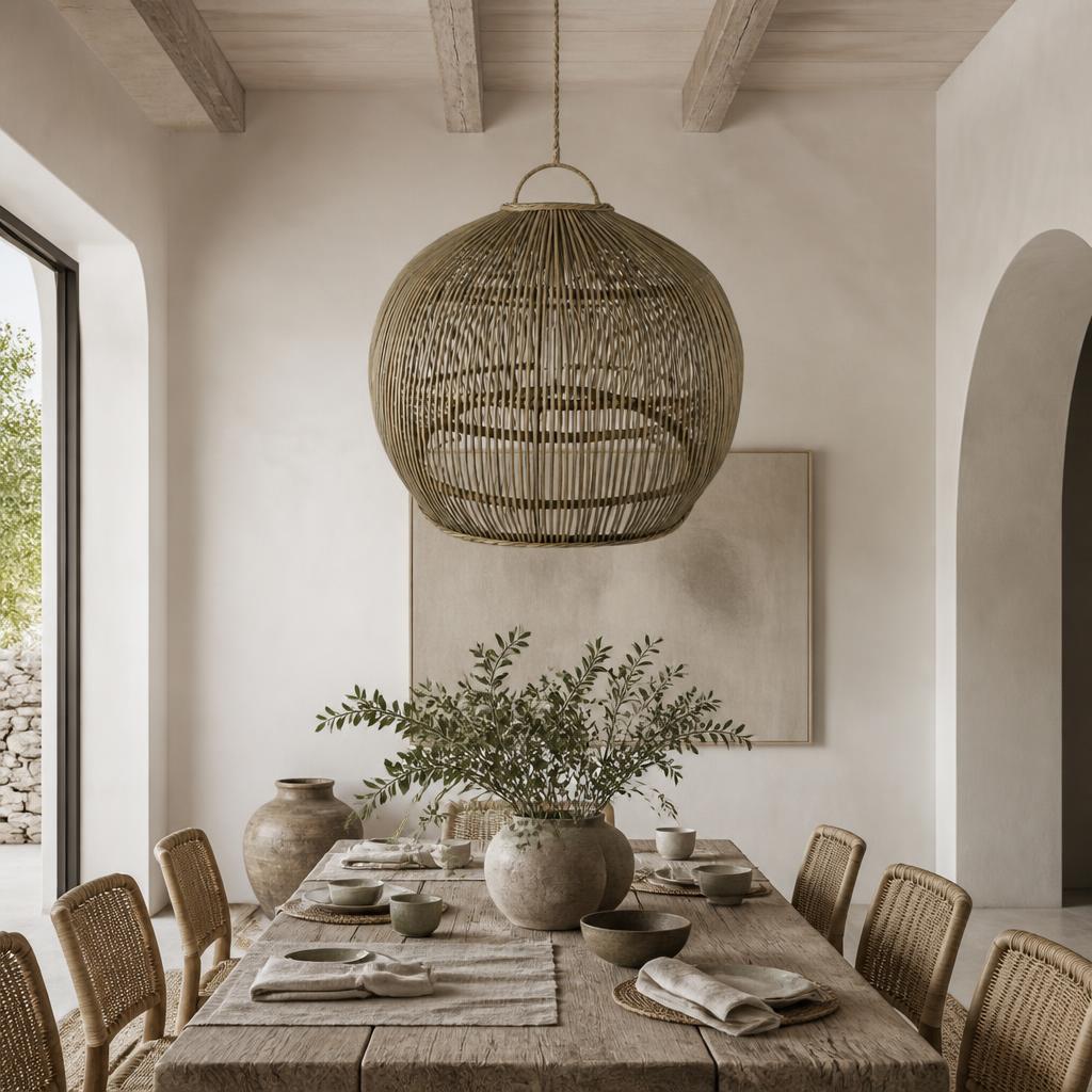 Weathered Rattan Ball Pendant Light shown in a styled room