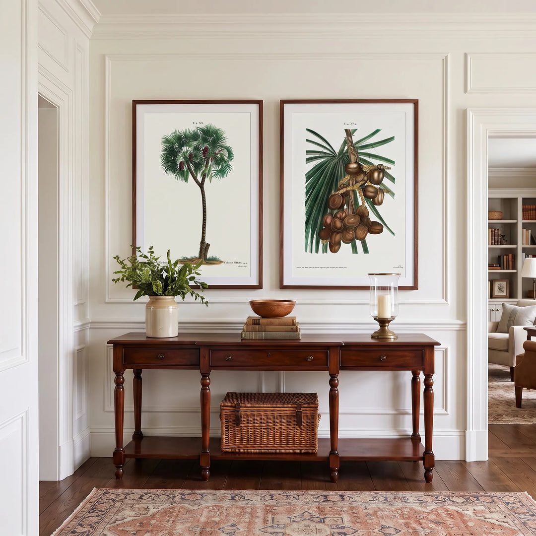 Date Palm Tree and Date Fruit Vintage Palm Pair framed above an entrance hall console
