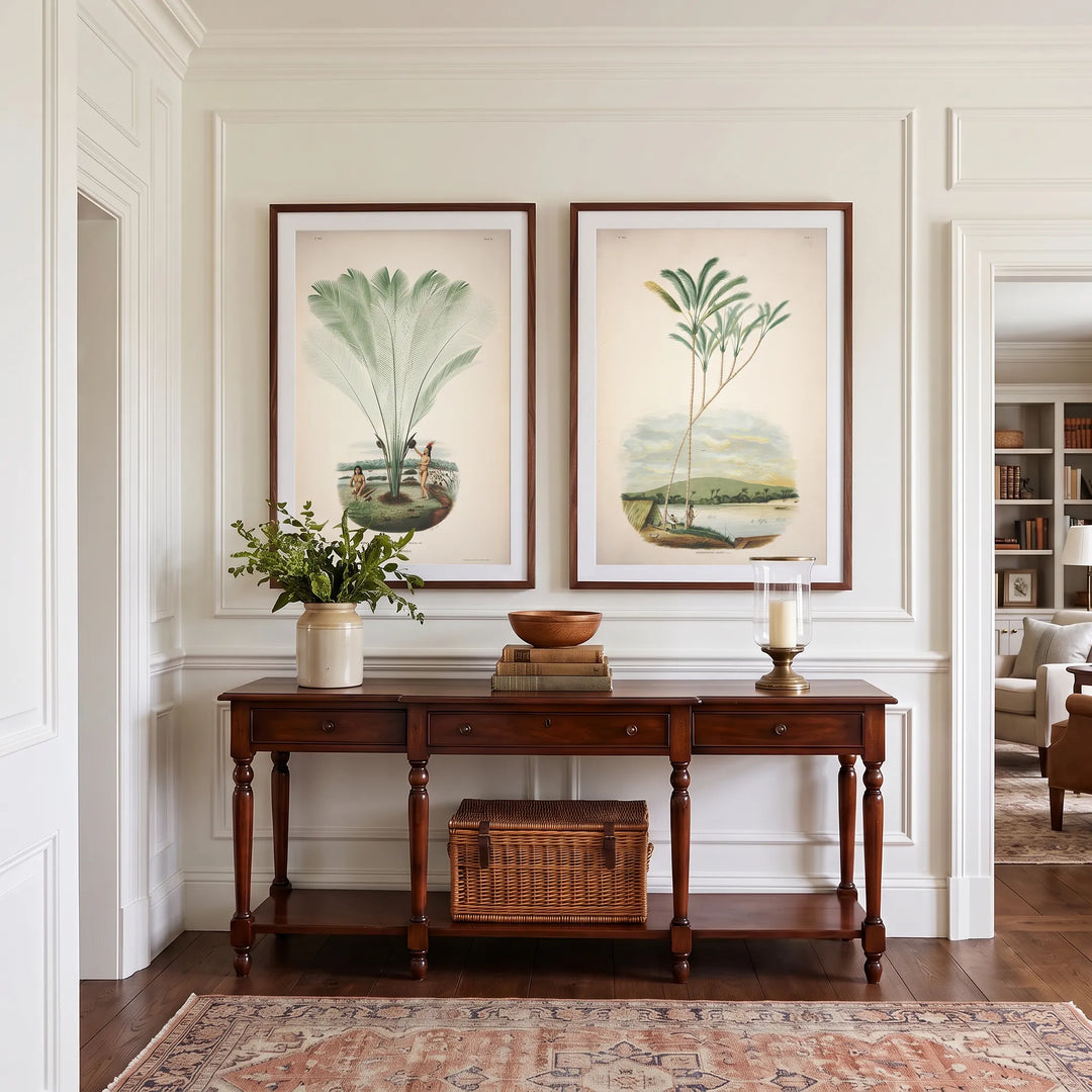 Astrocaryum Farinosum and Astrocaryum Jauary Vintage Palm Pair framed above an entrance hall console