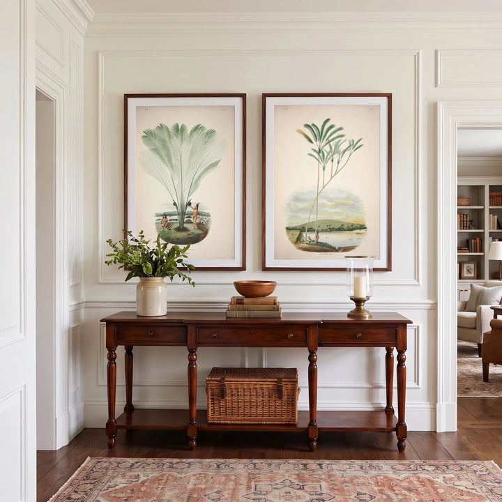 Astrocaryum Farinosum and Astrocaryum Jauary Vintage Palm Pair framed above an entrance hall console