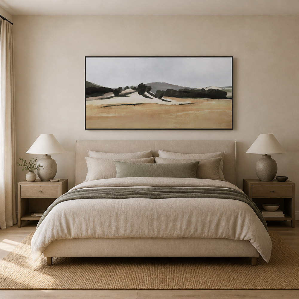 Hazy Hills Dreaming Large Canvas Art above a king bed