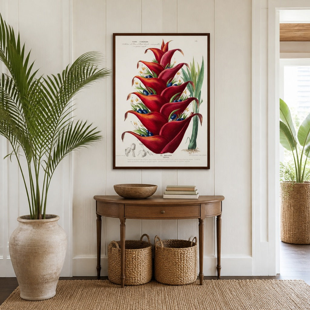 Heliconia Vintage Botanical Art Print in a styled room