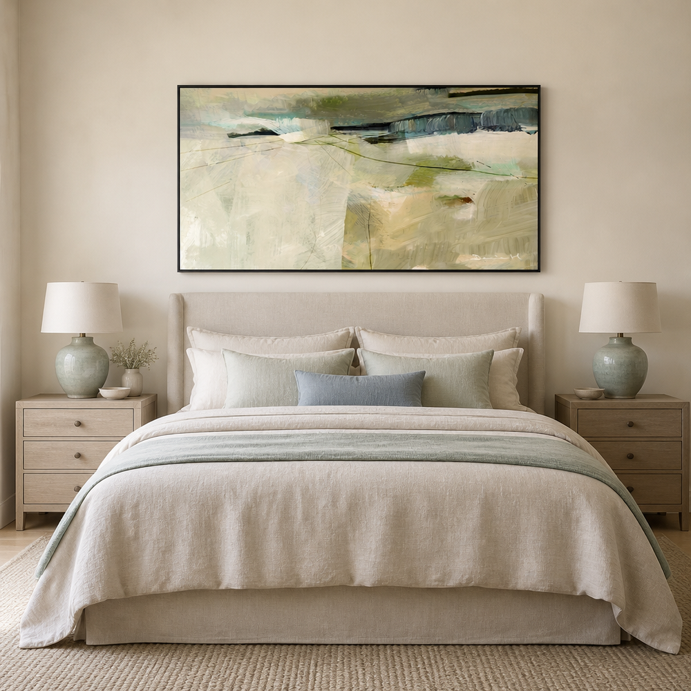 Heltor Serene Abstraction Large Canvas Art above a king bed