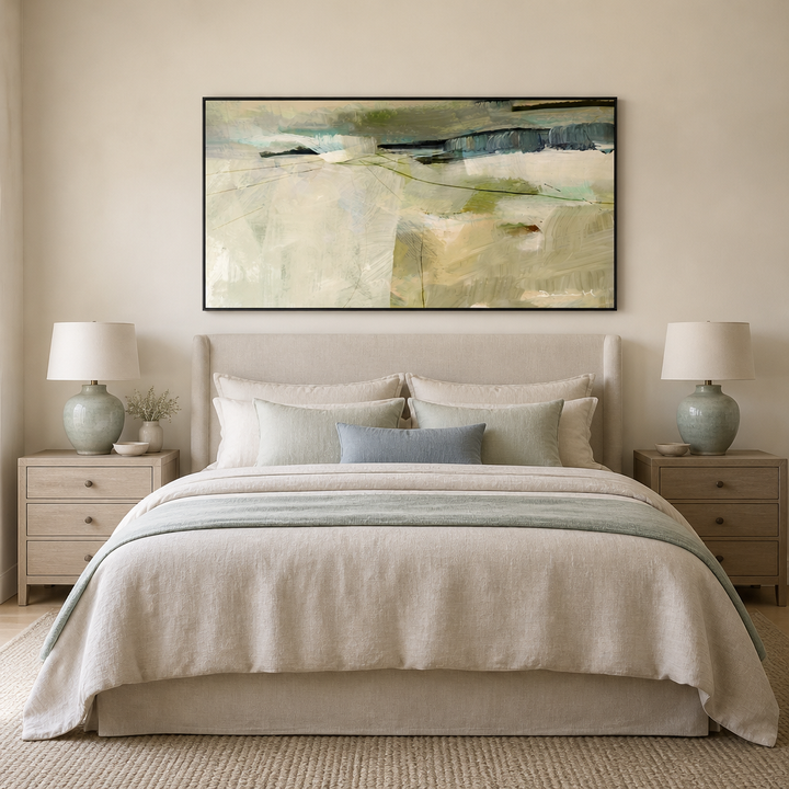 Heltor Serene Abstraction Large Canvas Art above a king bed