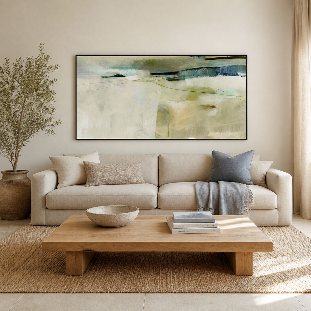 Heltor Serene Abstraction Large Canvas Art above a living-room couch