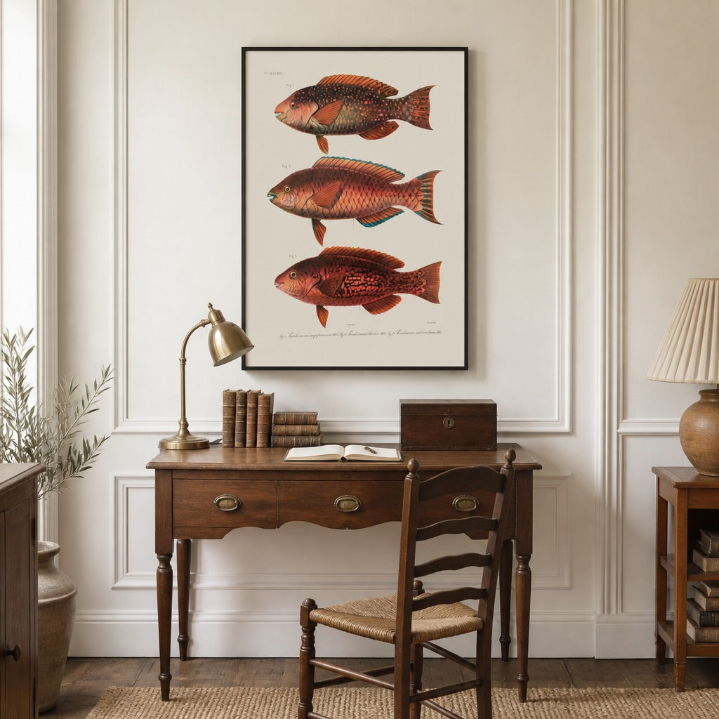 Indo-Pacific Parrotfish No. 13 vintage fish art print framed in a traditional home