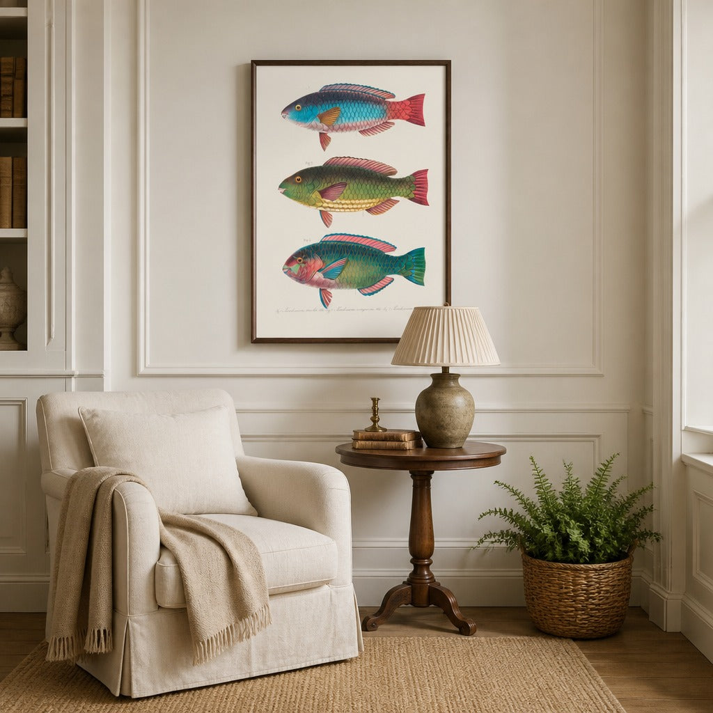 Indo-Pacific Parrotfish No. 17 vintage fish art print framed in a traditional home