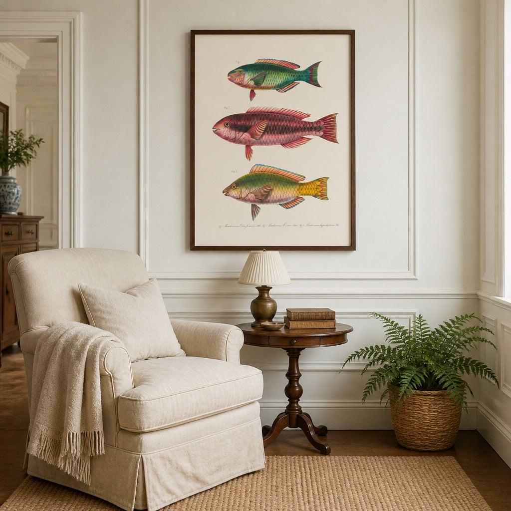 Indo-Pacific Parrotfish No. 8 vintage fish art print framed in a traditional home