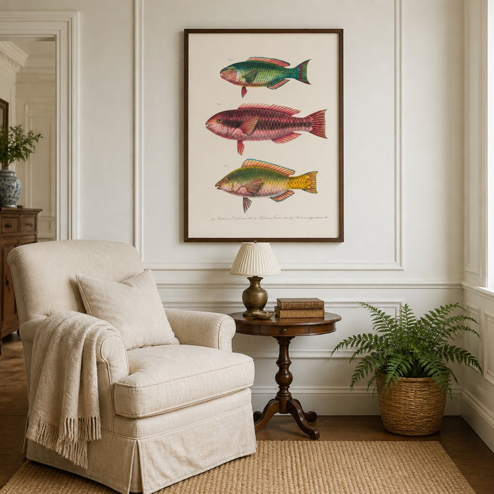 Indo-Pacific Parrotfish No. 8 vintage fish art print framed in a traditional home