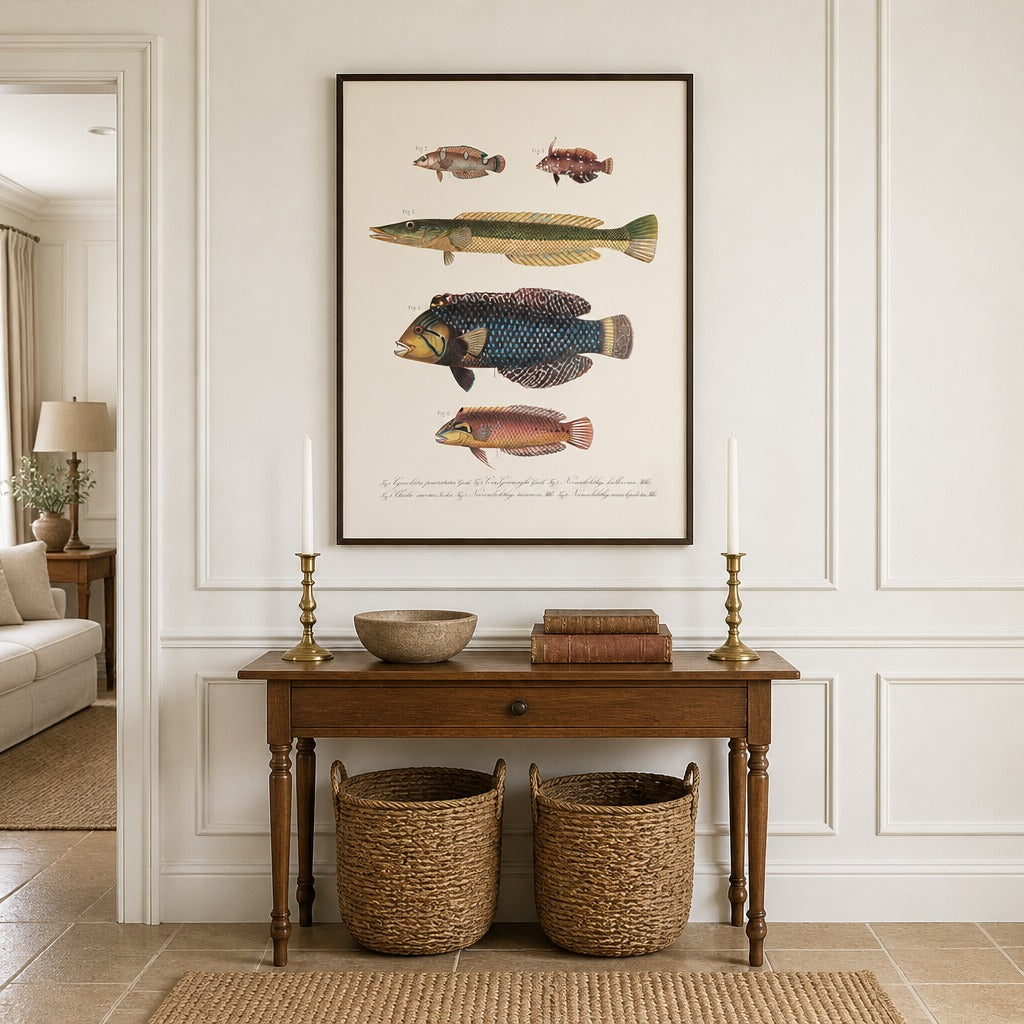 Indo-Pacific Wrasse No. 13 vintage fish art print framed in a traditional home