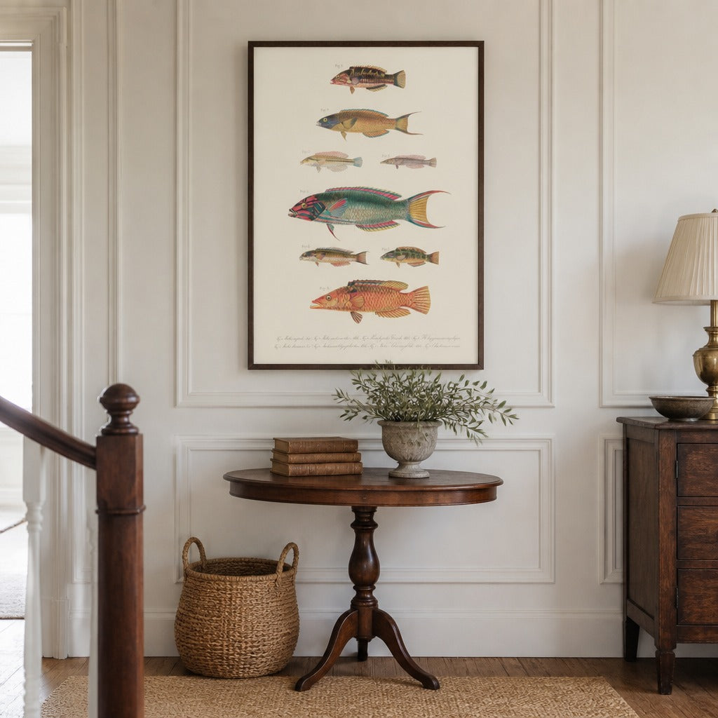 Indo-Pacific Wrasse No. 15 vintage fish art print framed in a traditional home
