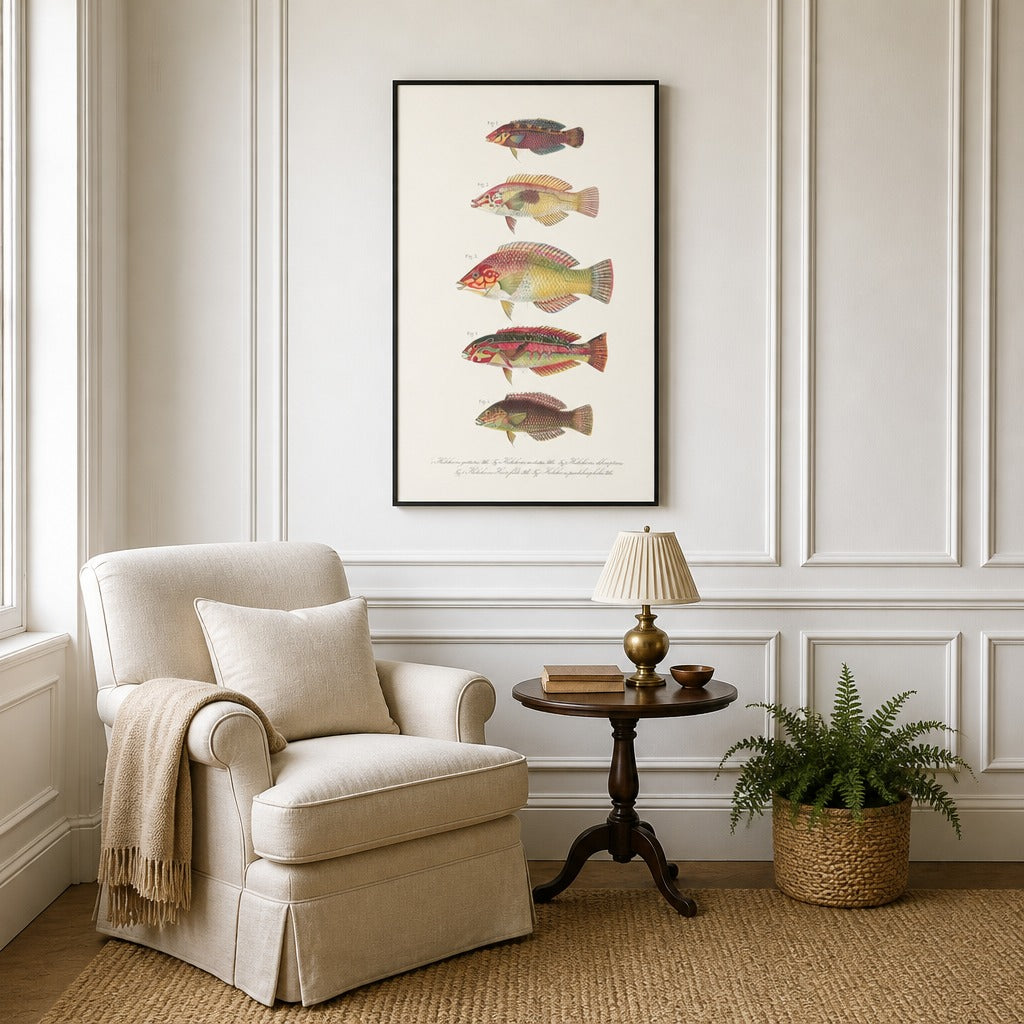 Indo-Pacific Wrasse No. 17 vintage fish art print framed in a traditional home
