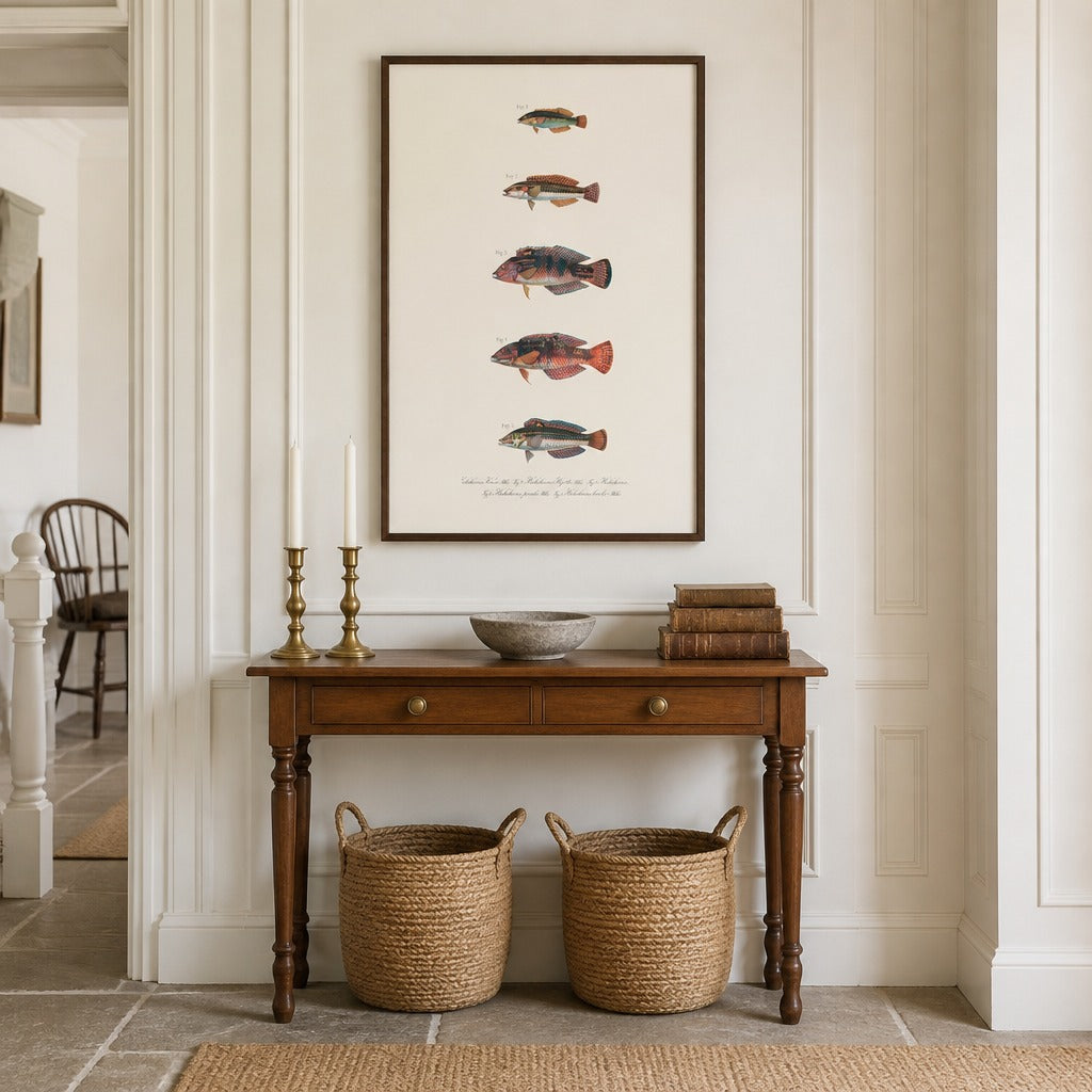 Indo-Pacific Wrasse No. 21 vintage fish art print framed in a traditional home