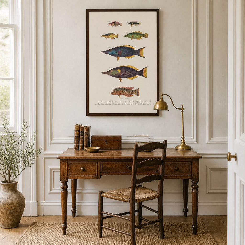 Indo-Pacific Wrasse No. 3 vintage fish art print framed in a traditional home