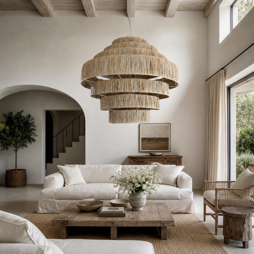 Terraced Raffia Pendant Light styled in a room