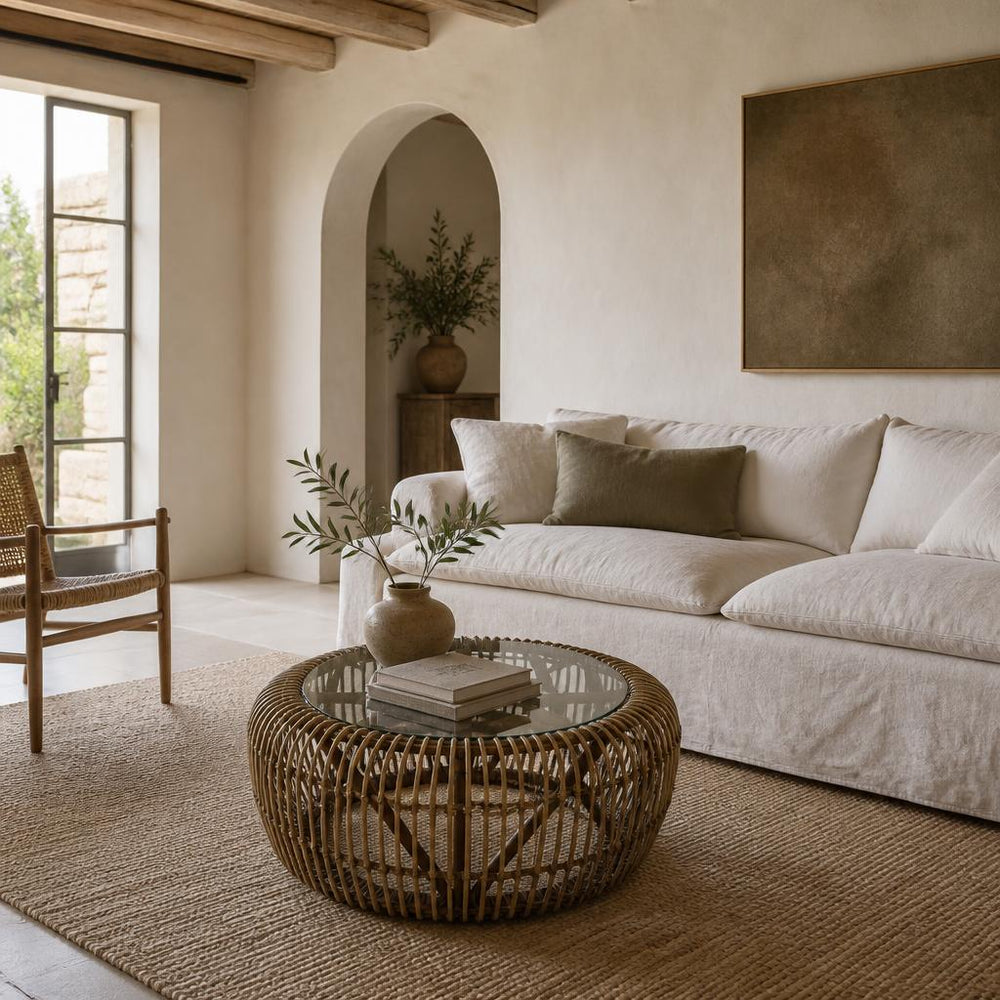 Spoke Rattan Coffee Table with Glass Top styled in a room