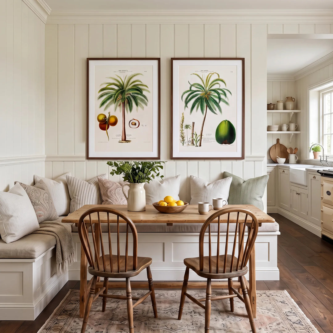 Glouglou Palm and Coconut Palm Vintage Palm Pair framed above a kitchen banquette