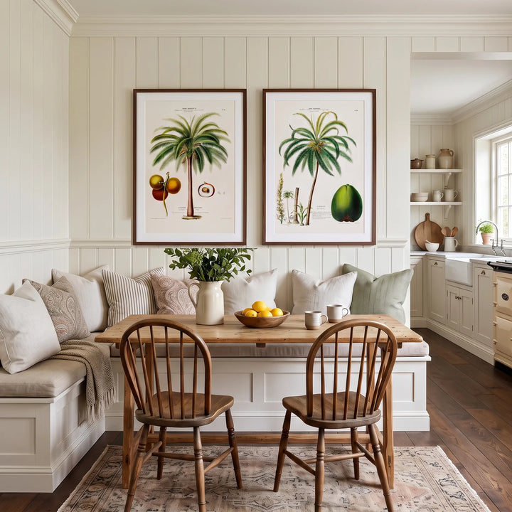 Glouglou Palm and Coconut Palm Vintage Palm Pair framed above a kitchen banquette