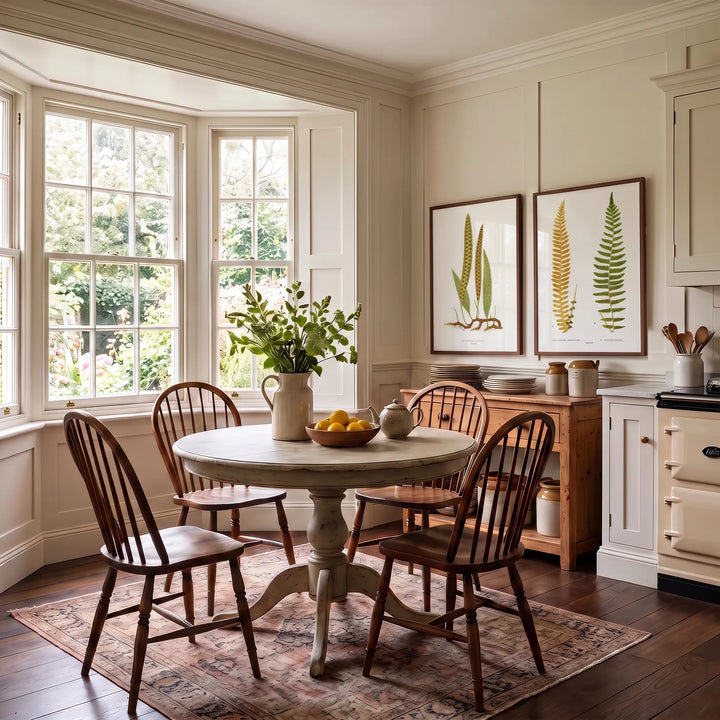 Polypodium Venosum and Polypodium Sepultum Vintage Fern Pair framed in a country kitchen