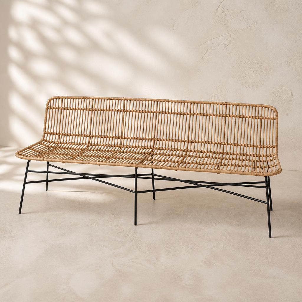 Long Rattan Bench on Metal Legs, studio view