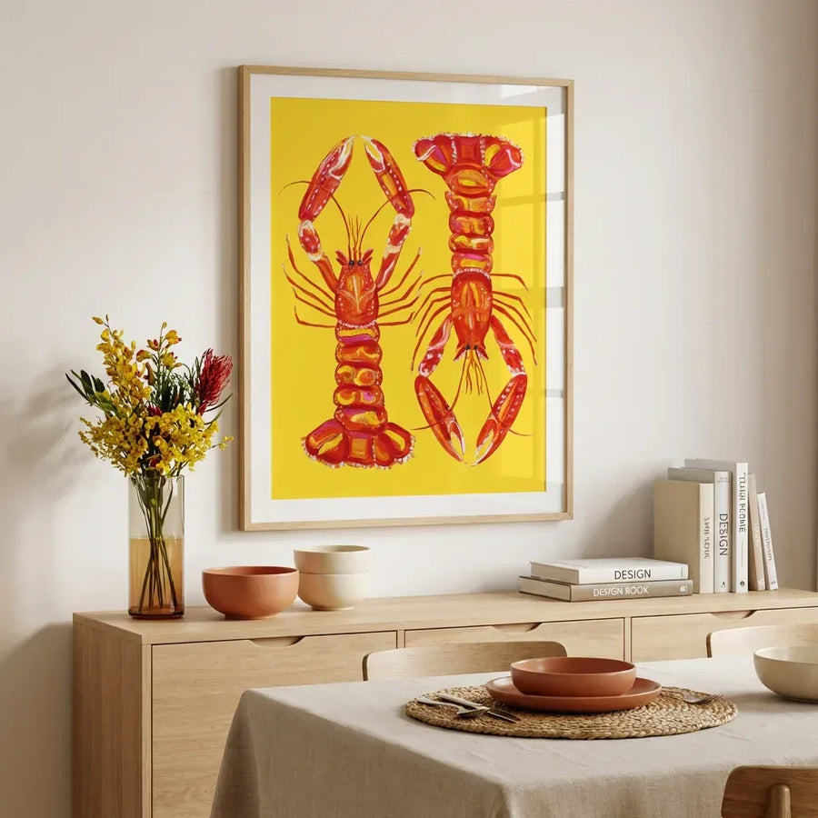 Langoustines on Vibrant Yellow Art Print in a room setting