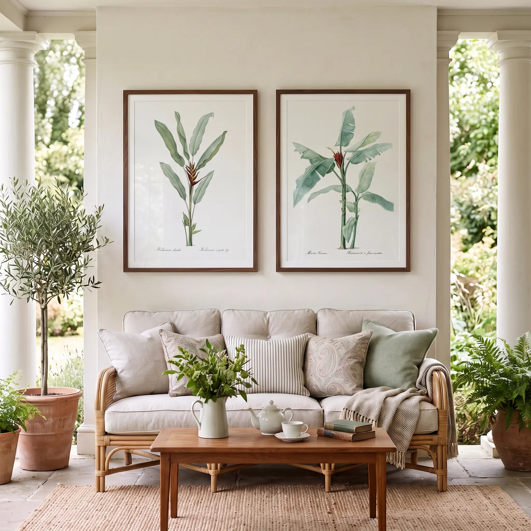 Lobster Claw Heliconia and Scarlet Banana Vintage Botanical Pair framed on a covered garden terrace