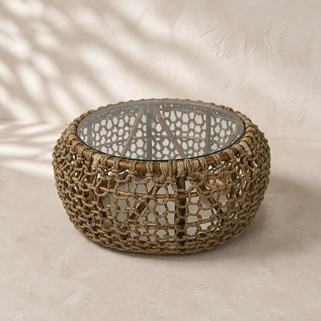 Honeycomb Rattan & Rope Coffee Table, studio view
