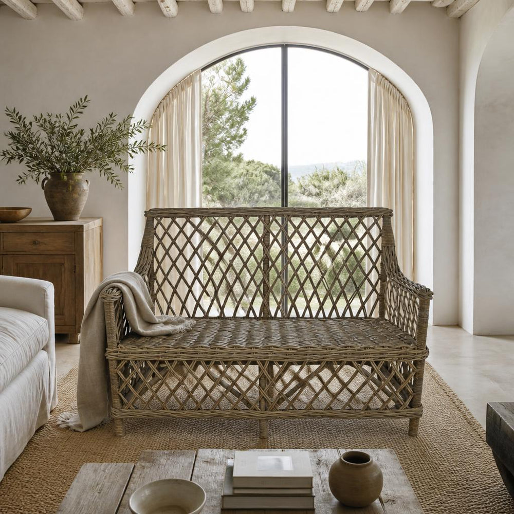 Lattice Rattan Two-Seater Sofa styled in a room