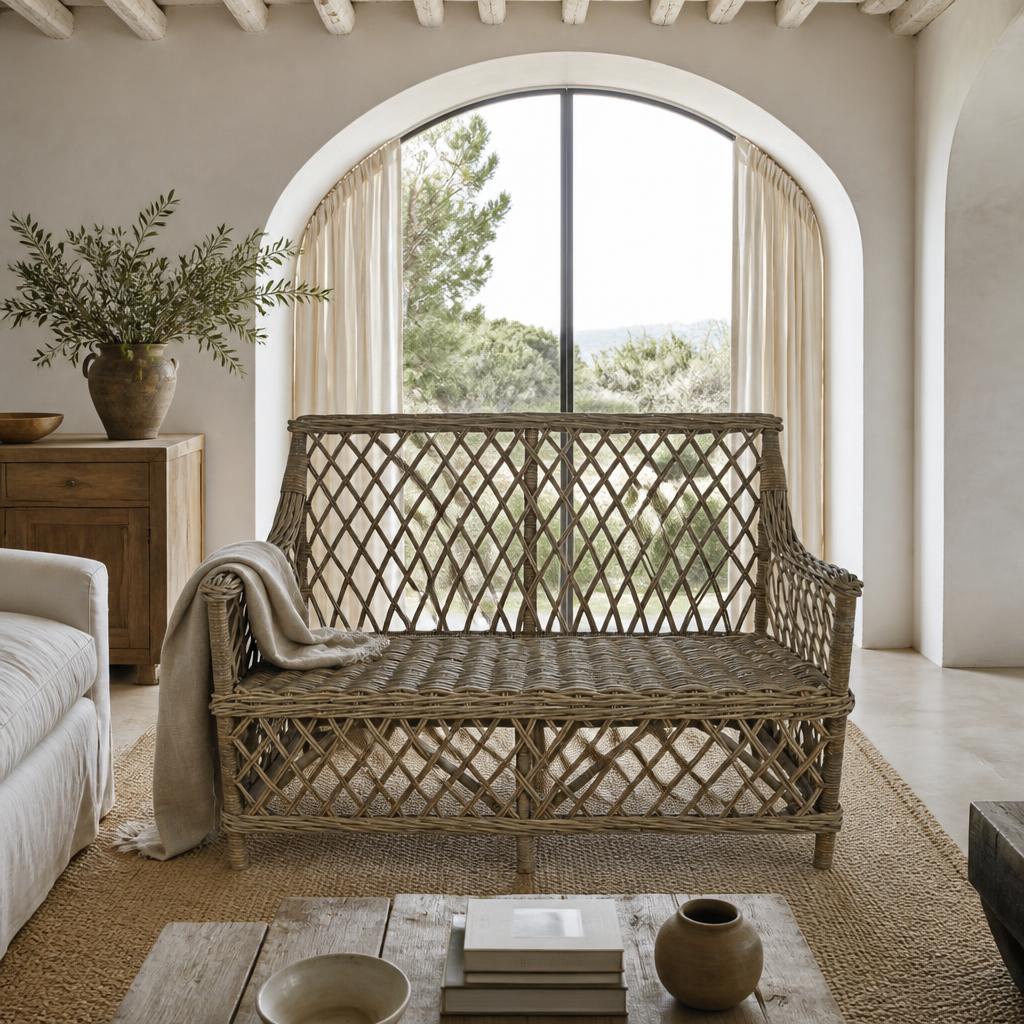 Lattice Rattan Two-Seater Sofa styled in a room