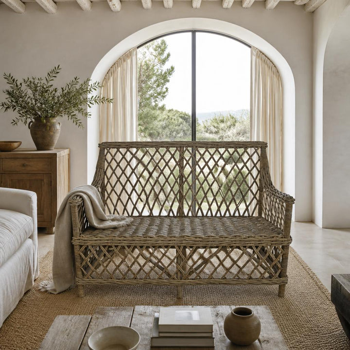 Lattice Rattan Two-Seater Sofa styled in a room